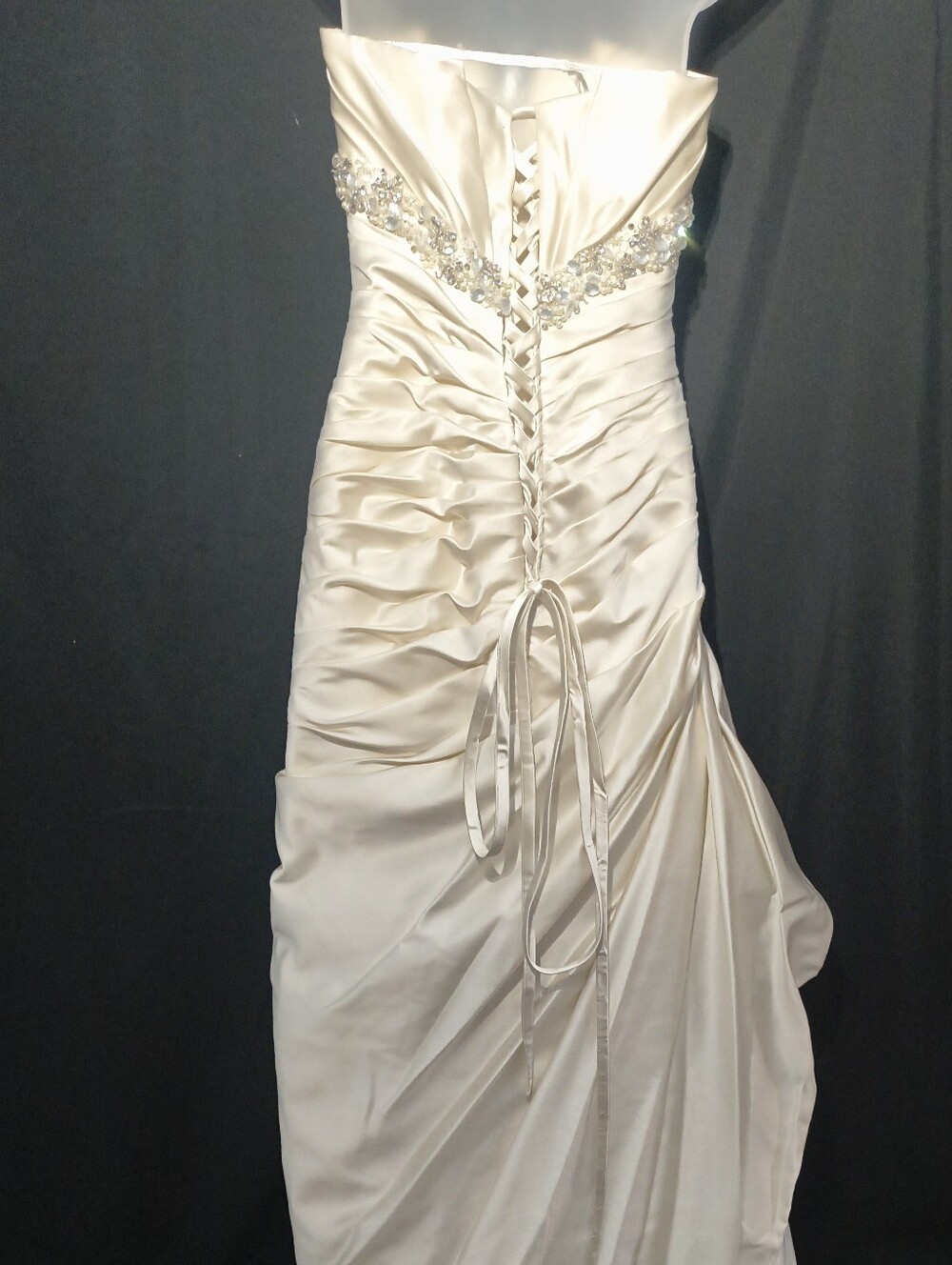 NWT Sophia Tolli Strapless Cream Satin Ruched Gown with Beaded Waist - Picture 6 of 11